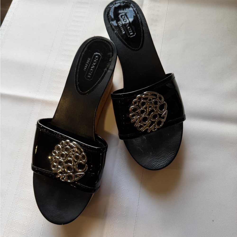 Coach “Judith” Black Patent Leather Cork Wedge Sandals with Silver Coach Detail